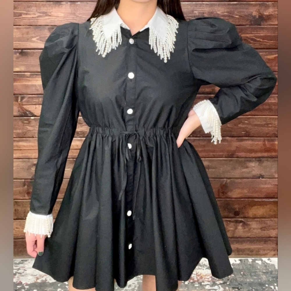 QUEEN OF SPARKLES Black Dress with White Beaded Collar